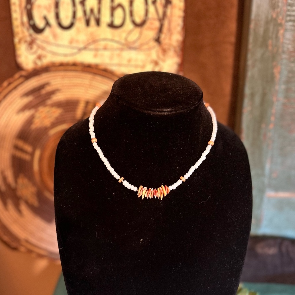 Elegant Spiny Oyster, Real Coral, White Beaded Necklace.